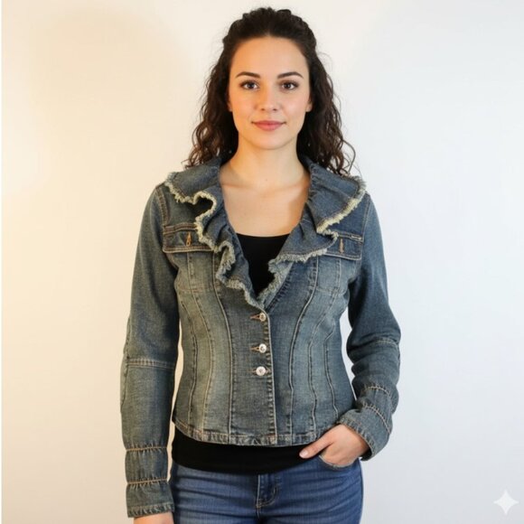 Parasuco Ergonomic Jeans Jackets & Blazers - Parasuco Ergonomic jeans Denim Jacket Ruffled Jean Coat Rhinestones SZ L